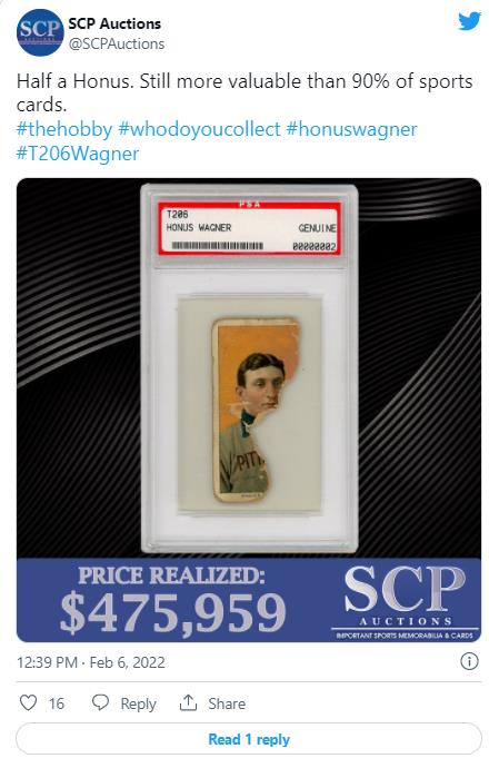 호너스 와그너의 절반 찢어진 야구 카드가 47만달러에 낙찰됐다.