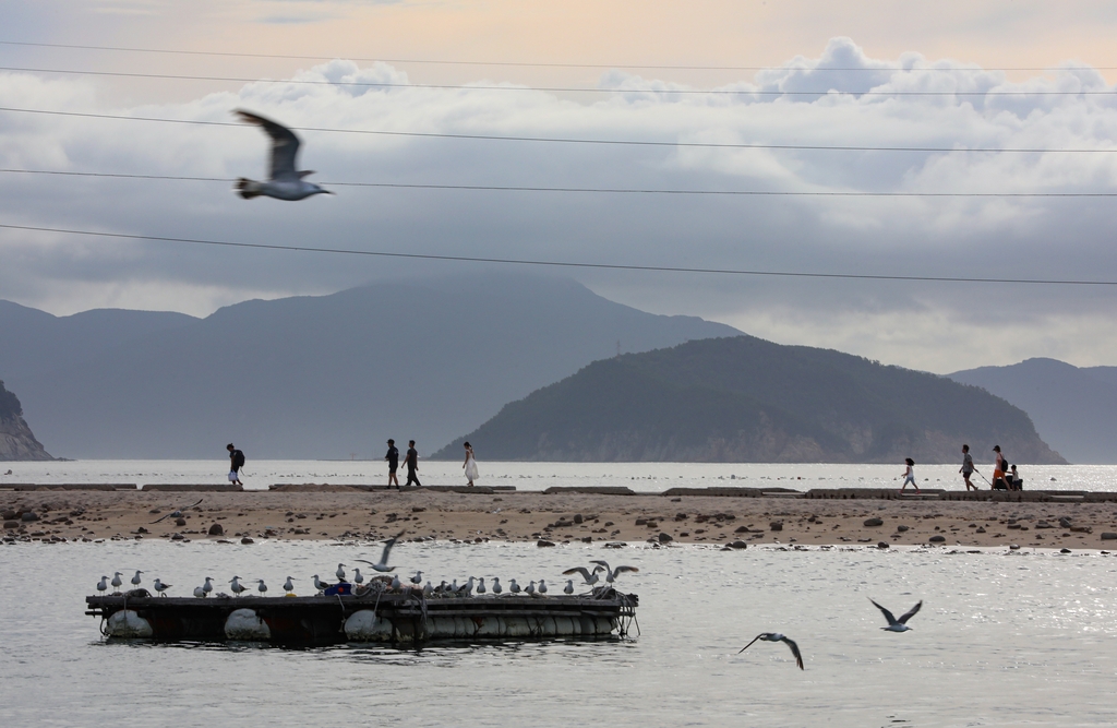 피서객들이 비진도 바깥 섬과 안 섬을 잇는 모래톱 길을 걷고 있다. [사진/진성철 기자]