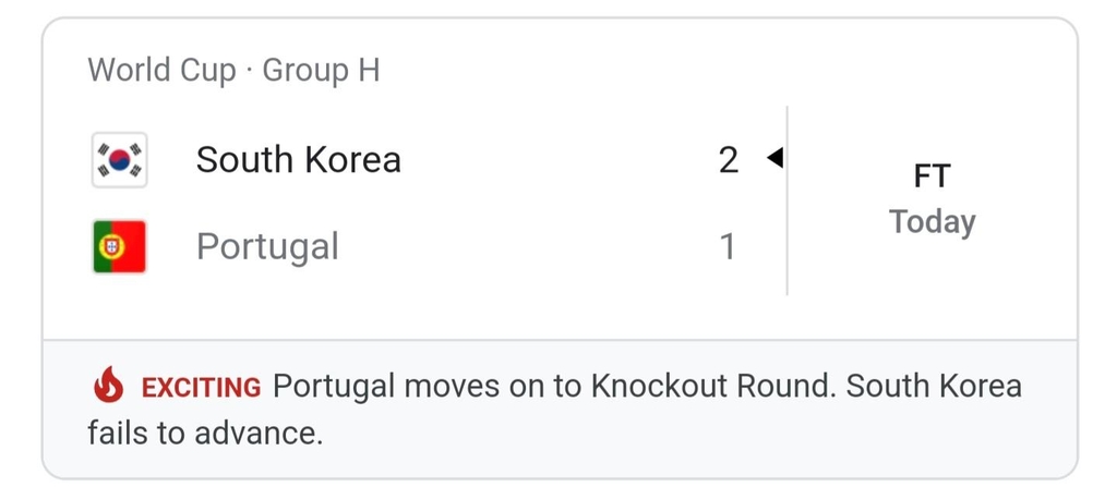 "한국 탈락" 구글 월드컵 페이지의 오보 화면