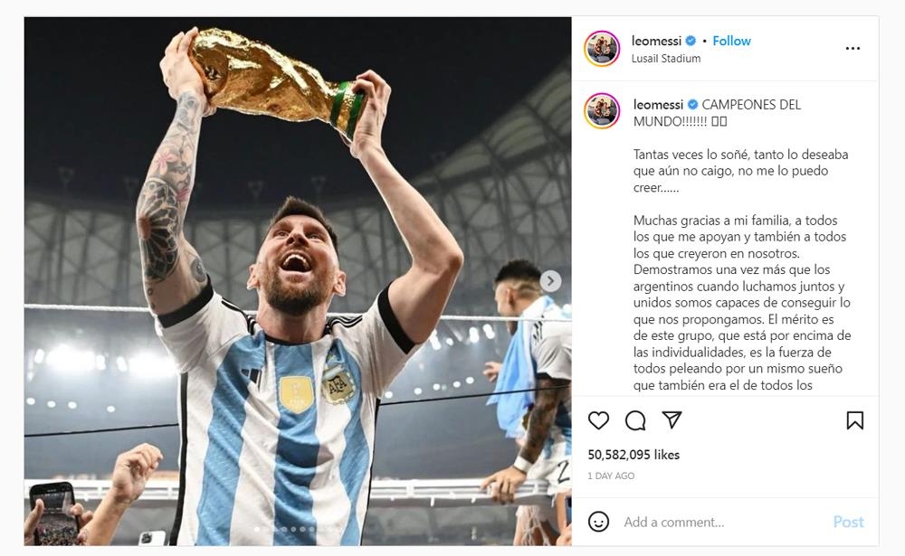 인스타그램 신기록 세운 메시의 월드컵 우승 자축 포스팅