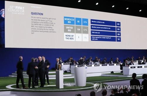 2018년 FIFA 총회에서 2026 월드컵 개최지로 결정되자 기뻐하는 북중미 3국 대표단