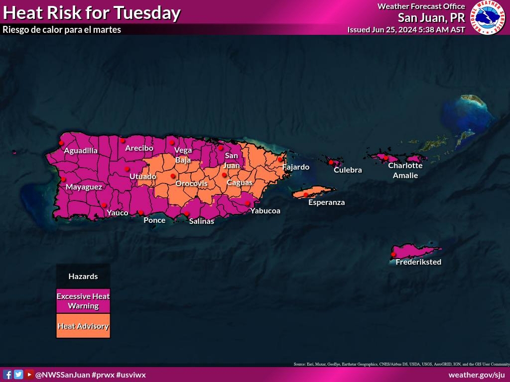 푸에르토리코 폭염특보 발효 지역을 표시한 지도