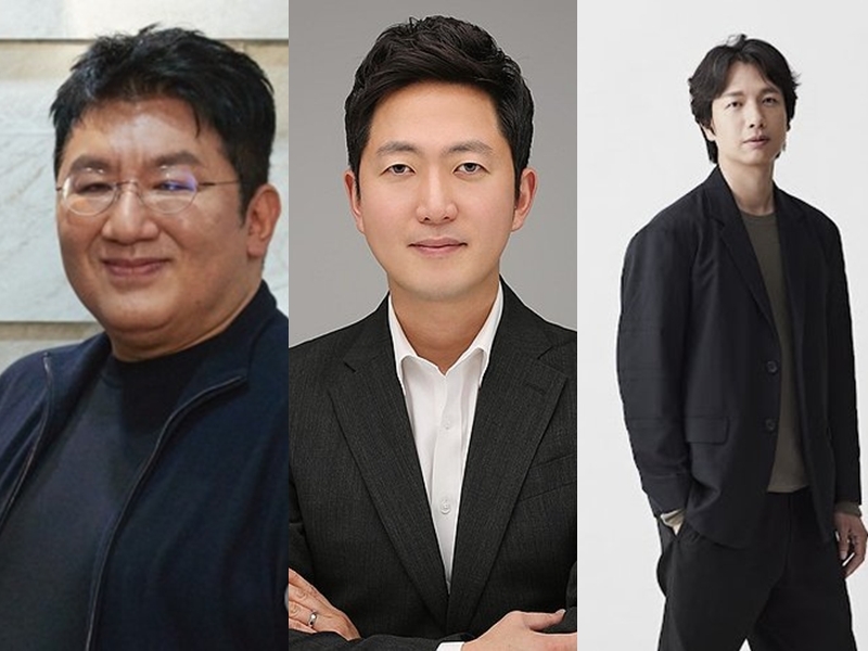 왼쪽부터 하이브 방시혁 의장·이재상 CEO·신영재 대표