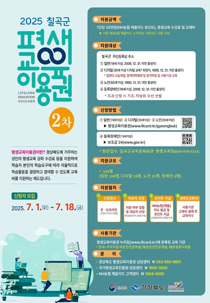 칠곡군, 평생교육이용권 지원 대상자 추가 모집