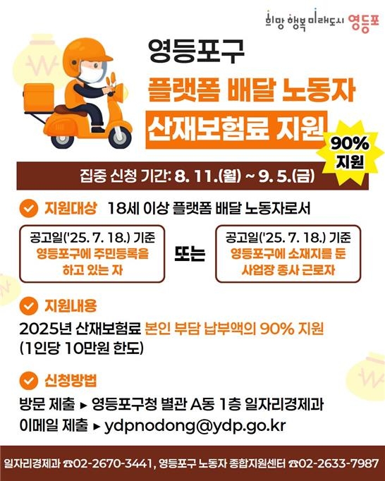 영등포구, 플랫폼 배달노동자 산재보험료 연 최대 10만원 지원