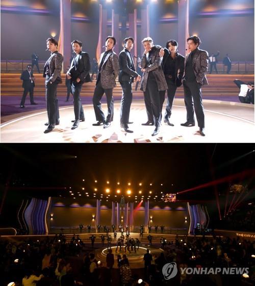 La foto compuesta, proporcionada por Big Hit Music, muestra a la superestrella del K-pop BTS realizando una actuación durante la 64ª edición de los Premios Grammy, el 3 de marzo de 2022 (hora local), en el MGM Grand Garden Arena, en Las Vegas, EE. UU. (Prohibida su reventa y archivo)
