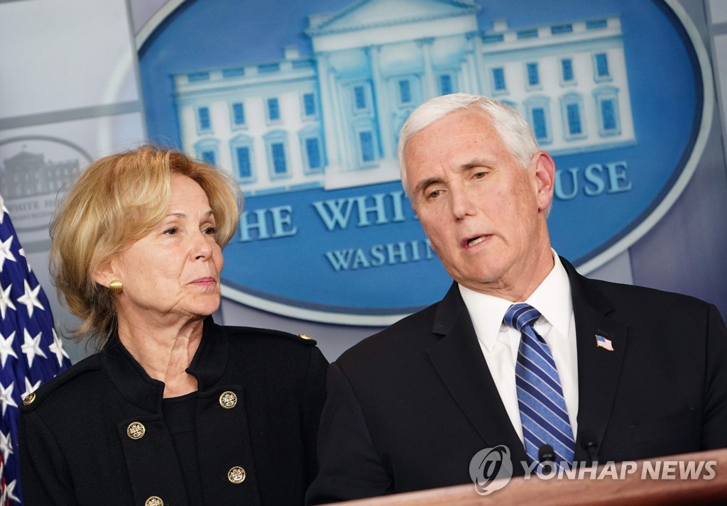 This AFP photo shows U.S. Vice President Mike Pence (R) speaking during a press briefing at the White House in Washington on March 2, 2020. White House Coronavirus Response Coordinator Ambassador Debbie Birx looks on. (Yonhap)