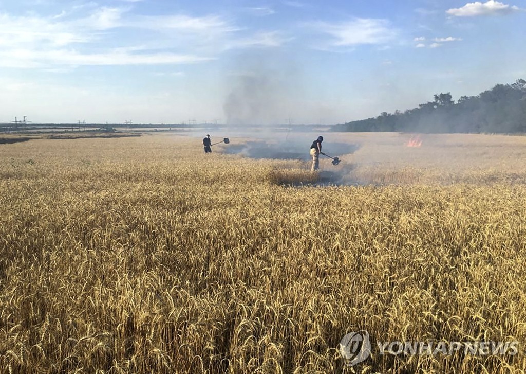 러시아군의 포격으로 우크라이나 밀밭에 발생한 화재 