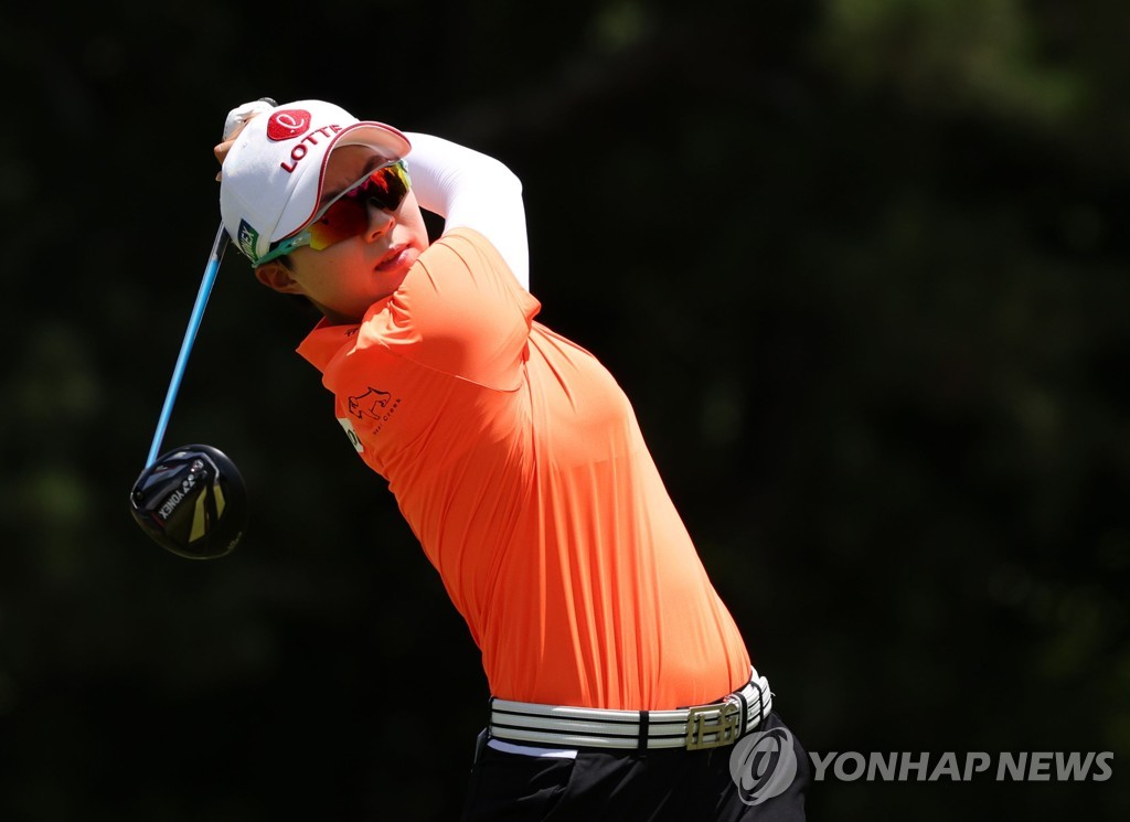 In this Getty Images photo, Kim Hyo-joo of South Korea hits her tee shot on the second hole during the final round of the KPMG Women's PGA Championship at Atlanta Athletic Club in Johns Creek, Georgia, on June 27, 2021. (Yonhap)