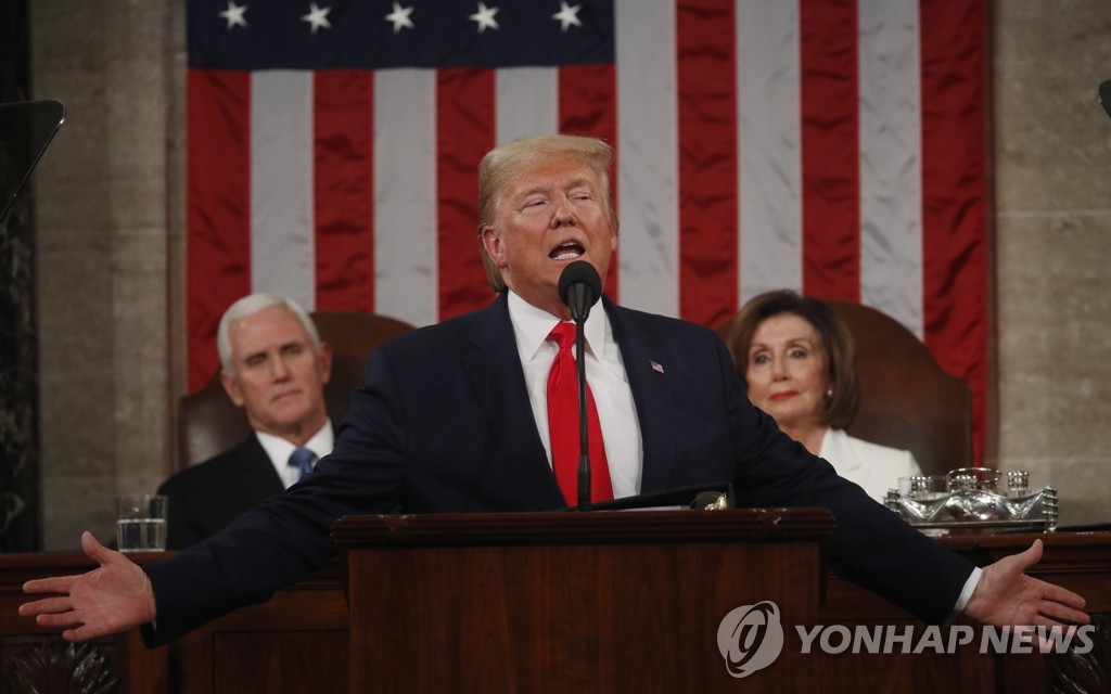 This Reuters photo shows U.S. President Donald Trump delivering his State of the Union address to a joint session of the U.S. Congress in the House Chamber of the U.S. Capitol in Washington on Feb. 4, 2020. (Yonhap)
