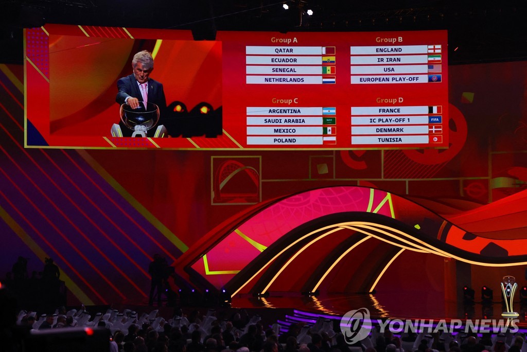 In this Reuters photo, the draw for the 2022 FIFA World Cup in Qatar is seen on the screen inside the Doha Exhibition and Convention Center in Doha on April 1, 2022. (Yonhap)