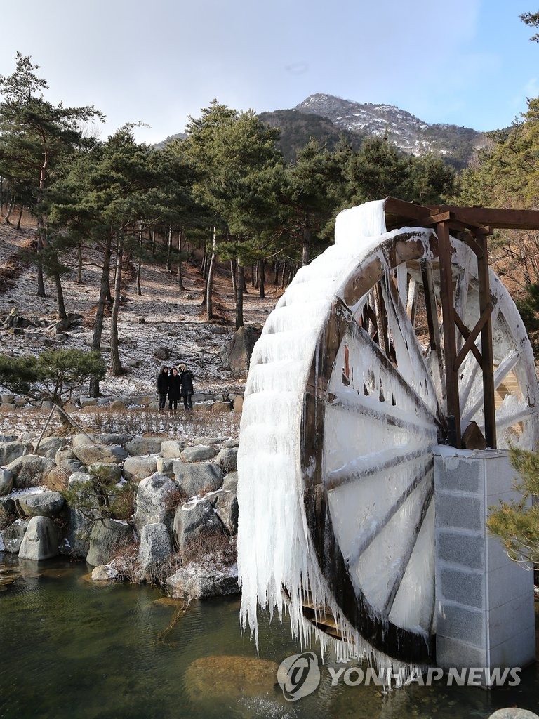 꽁꽁 언 산청 동의보감촌 물레방아 | 연합뉴스