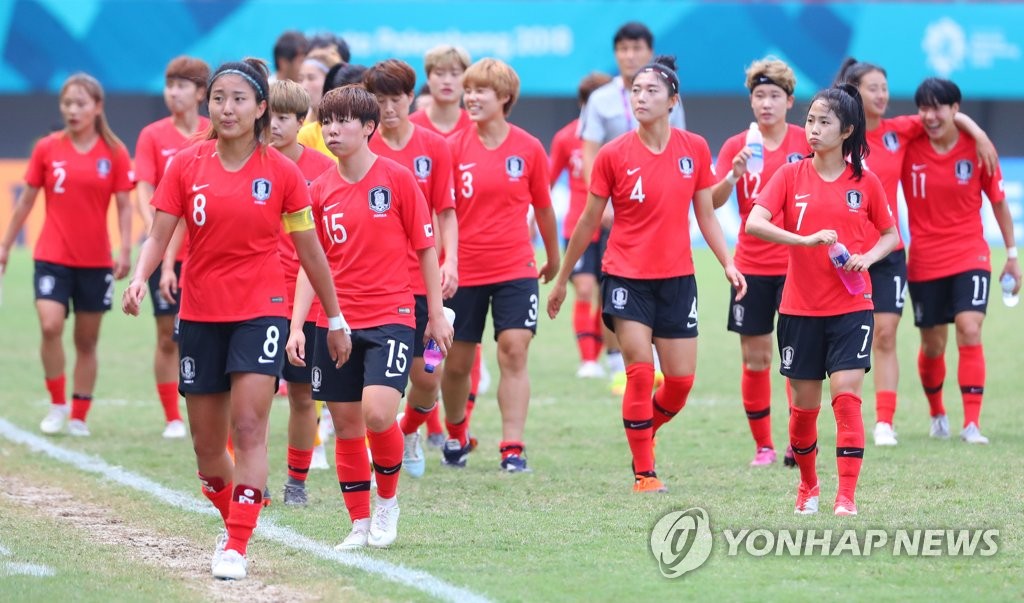 This file photo taken Aug. 31, 2018, shows South Korea women's national football team players during the bronze medal match against Chinese Taipei at the 18th Asian Games in Palembang, Indonesia. (Yonhap)
