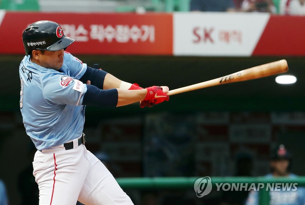 In this file photo from July 3, 2019, Jeon Jun-woo of the Lotte Giants hits a three-run home run against the SK Wyverns in the top of the third inning of a Korea Baseball Organization regular season game at SK Happy Dream Park in Incheon, 40 kilometers west of Seoul. (Yonhap)