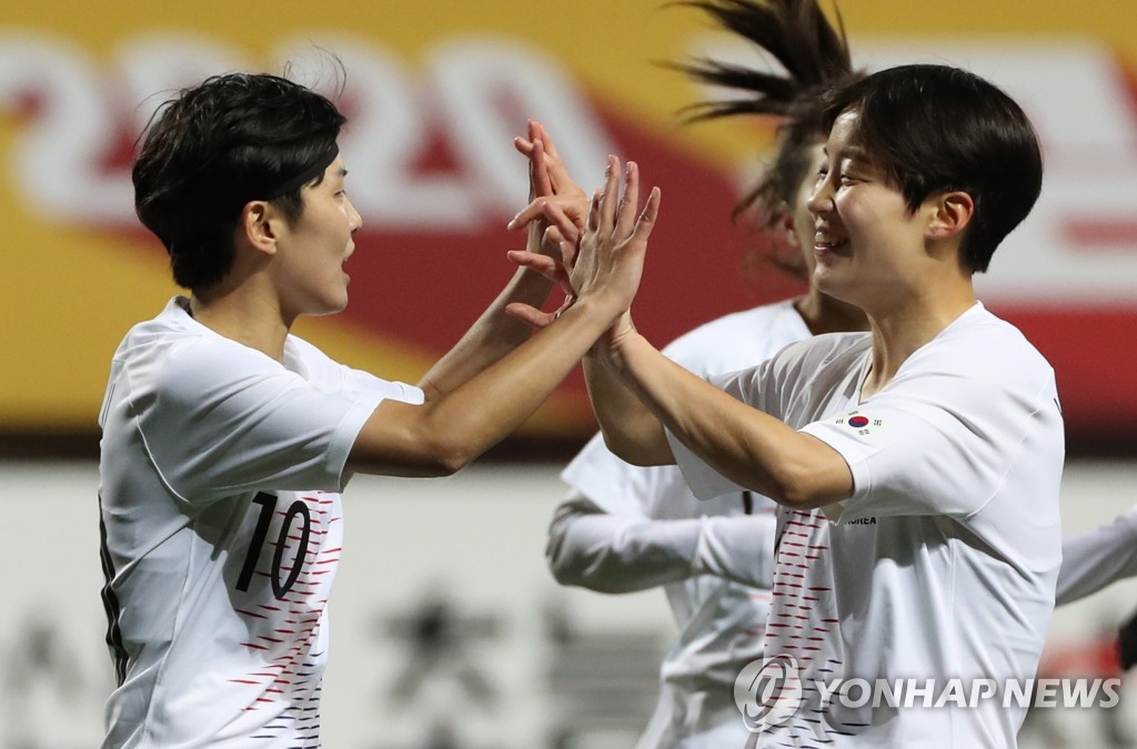 Ji So-yun of South Korea (L) celebrates a successful penalty against Myanmar with her teammate Park Ye-eun during the nations' Group A match in the third round of the Asian qualifying for the 2020 Tokyo Olympics on Feb. 3, 2020, at Jeju World Cup Stadium in Seogwipo, Jeju Island. (Yonhap)
