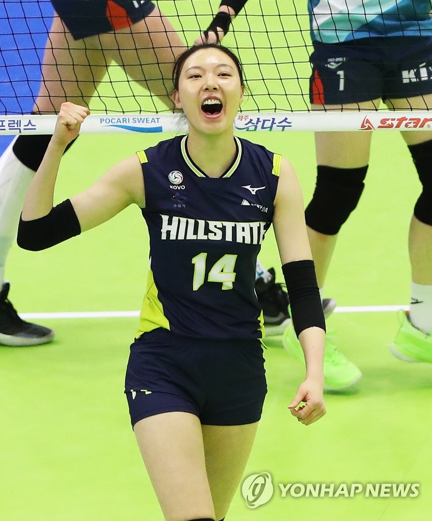 In this file photo from March 1, 2020, Yang Hyo-jin of the Hyundai E&C Hillstate celebrates a point against GS Caltex Kixx during a women's V-League match at Suwon Gymnasium in Suwon, 45 kilometers south of Seoul. (Yonhap)