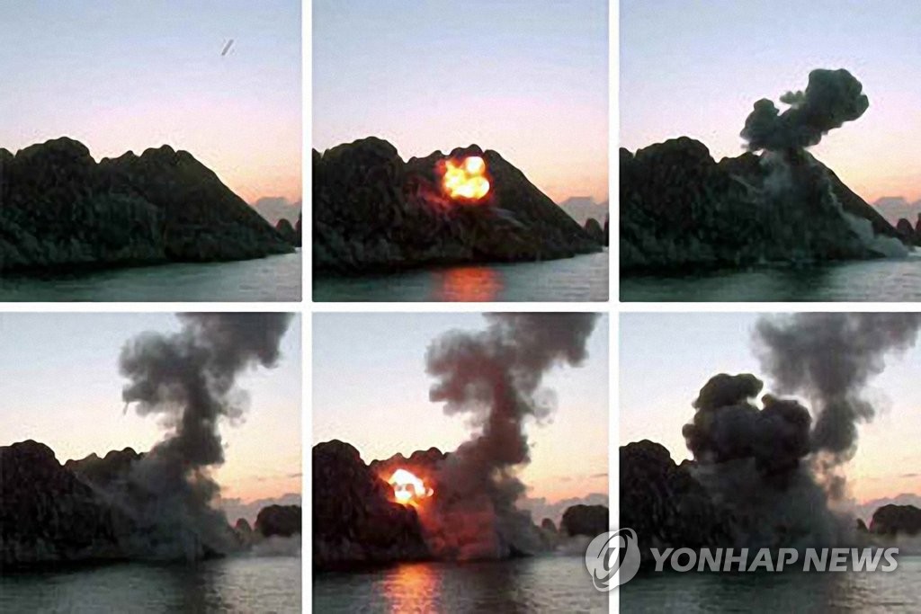 This photo released by the Rodong Sinmun on March 30, 2020, shows North Korea conducting a weapons test the previous day. (For Use Only in the Republic of Korea. No Redistribution) (Yonhap)