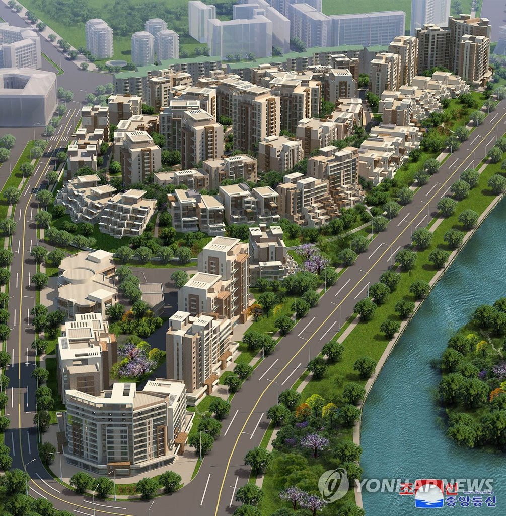 Image de synthèse du projet de construction d'immeubles d'habitation au bord de la rivière Potong à Pyongyang. La photo a été publiée par l'Agence centrale de presse nord-coréenne (KCNA). (Utilisation en Corée du Sud uniquement et redistribution interdite) (Photo d'archives) 