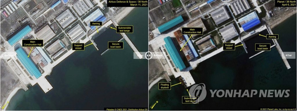 These satellite images show Sinpo shipyard, located on North Korea's east coast, captured from the website of 38 North, a U.S. expert website monitoring North Korea. (PHOTO NOT FOR SALE) (Yonhap)
