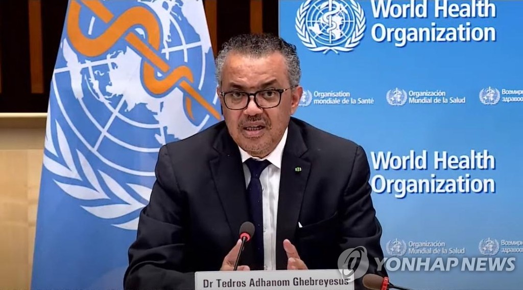 Tedros Adhanom Ghebreyesus, director general of the World Health Organization, speaks during a virtual press conference on May 7, 2021 (Geneva time), in this photo by Xinhua news agency. (Yonhap) 