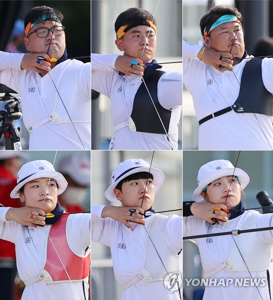 South Korean archers train for the Tokyo Olympics at Yumenoshima Archery Field in Tokyo on July 20, 2021. Clockwise from top left are Kim Woo-jin, Kim Je-deok, Oh Jin-hyek, Jang Min-hee, An San and Kang Chae-young. (Yonhap)
