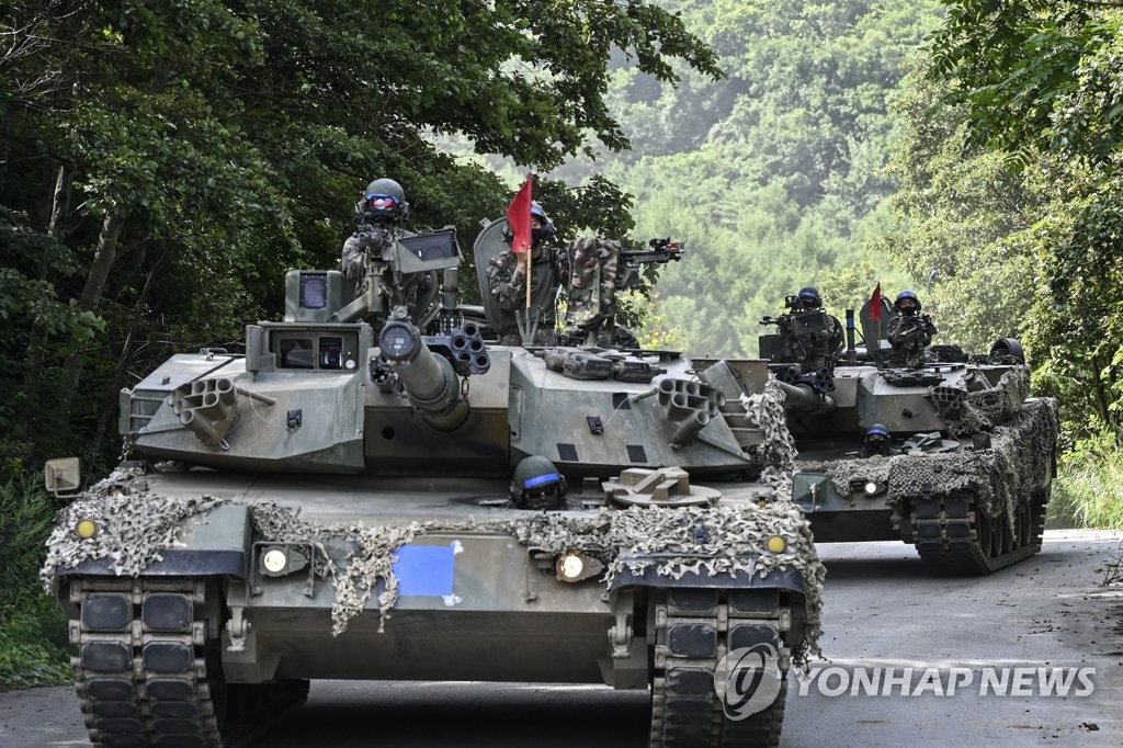 This file photo, taken Aug. 19, 2021, shows military vehicles during Army training in the northeastern county of Inje. (PHOTO NOT FOR SALE) (Yonhap) 