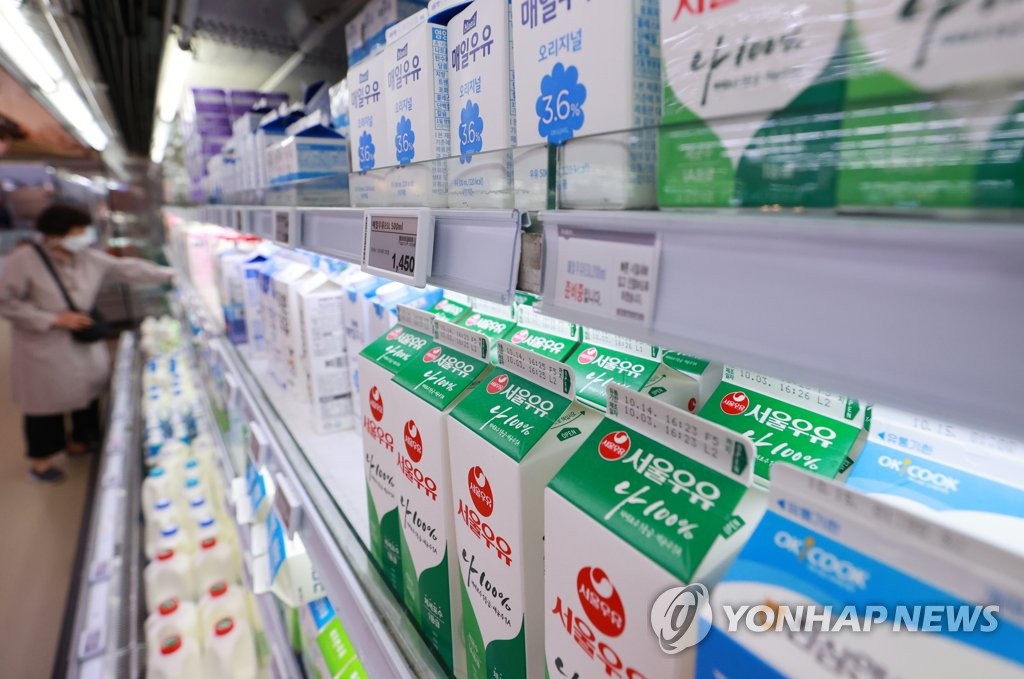 This photo, taken Oct. 6, 2021, shows shelves of dairy products at a large discount store in Seoul. (Yonhap)
