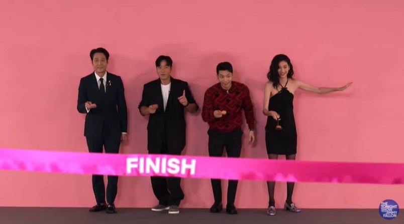 Four main actors of "Squid Game" appear on U.S. NBC's popular talk show "The Tonight Show Starring Jimmy Fallon" on Oct. 6, 2021, (U.S. time), in this image captured from a YouTube video of the show. (PHOTO NOT FOR SALE) (Yonhap)