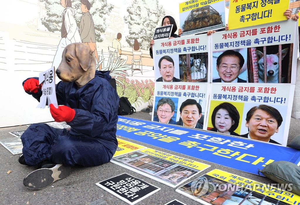 ２日、ソウル都心の光化門広場付近で大統領選候補に対し、犬の食用禁止などを公約に掲げるよう求めるパフォーマンスを行う市民団体メンバー＝（聯合ニュース）