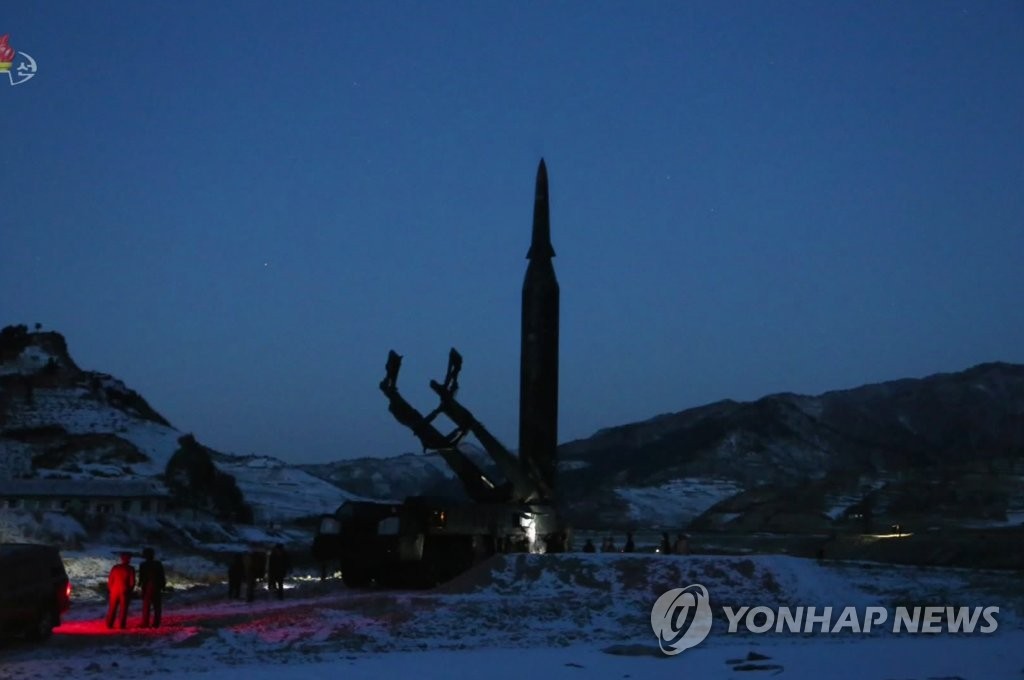 This photo, released by North Korea's official Korean Central Television on Jan. 12, 2022, shows what the North claims to be a new hypersonic missile being launched the previous day. (For Use Only in the Republic of Korea. No Redistribution) (Yonhap)