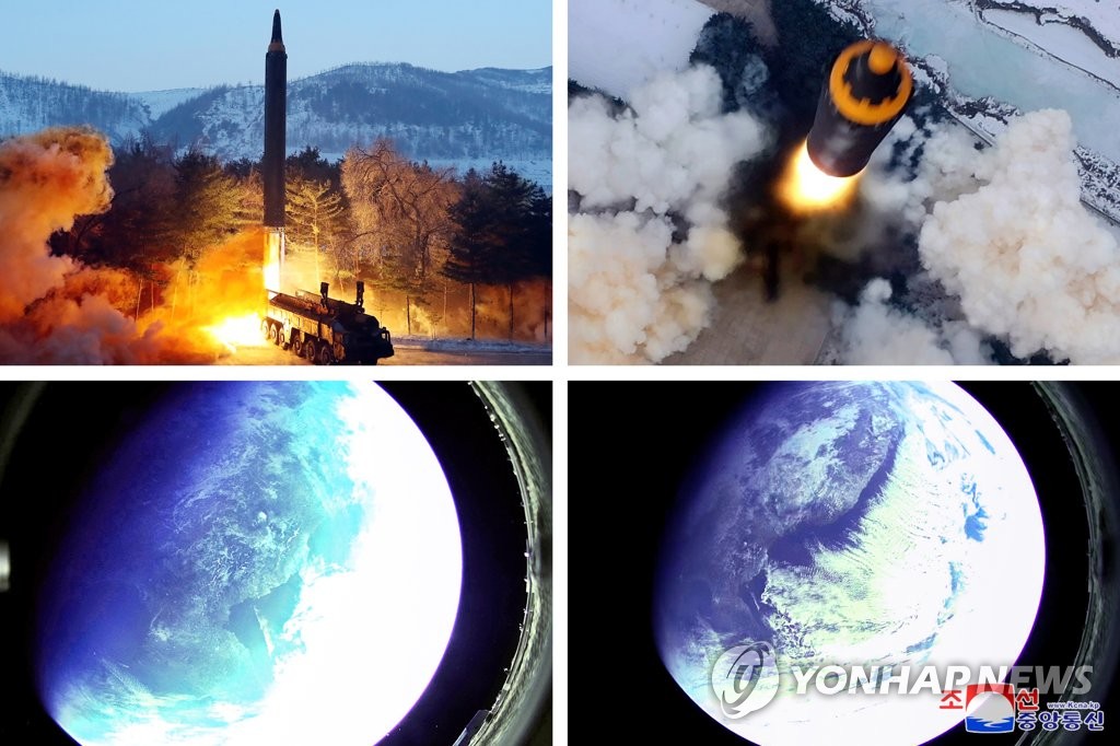 This composite photo, released by North Korea's official Korean Central News Agency, shows its intermediate-range ballistic missile, Hwasong-12, being launched on Jan. 30, 2022. (For Use Only in the Republic of Korea. No Redistribution) (Yonhap)