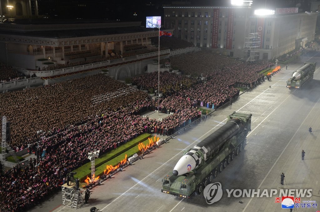 A new Hwasong-17 missile is displayed during a military parade at Kim Il-sung Square in Pyongyang on April 25, 2022, as North Korea marked the 90th anniversary of the founding of its army with North Korean leader Kim Jong-un in attendance, in this photo released the next day by the North's official Korean Central News Agency. (For Use Only in the Republic of Korea. No Redistribution) (Yonhap)