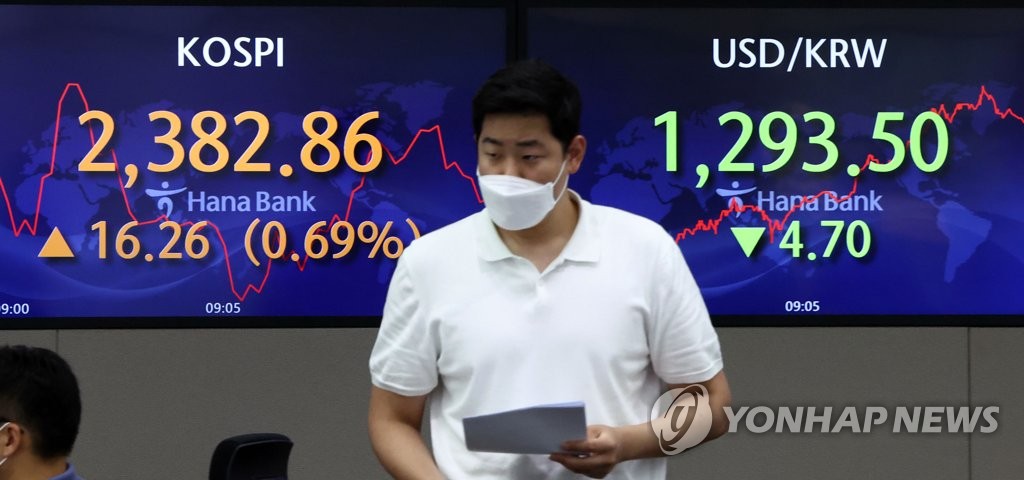 This photo, taken June 27, 2022, shows movements of Seoul's stocks and currency on an electronic signboard at a Hana Bank dealing room in Seoul. (Yonhap)