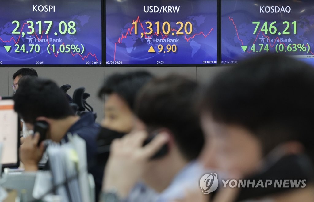 En la imagen, tomada el 6 de julio de 2022, se muestran los movimientos de las acciones y la moneda de Corea del Sur en las pantallas de la sala de operaciones del Banco Hana.