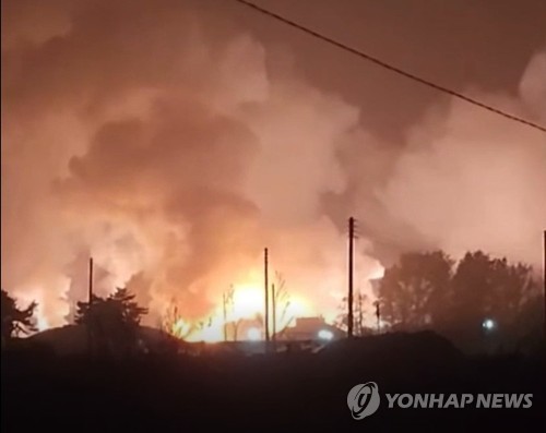 This photo, provided by Lee Sang-hyun, shows a fire after South Korea's Hyunmoo-2 ballistic missile crashed during joint drills conducted by South Korea and the United States on Oct. 4, 2022. (PHOTO NOT FOR SALE) (Yonhap)