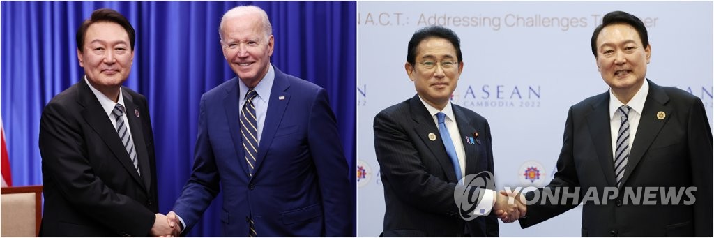 In this combined photo taken Nov. 13, 2022, South Korean President Yoon Suk-yeol (far L, far R) poses for a photo with U.S. President Joe Biden (2nd from L) and Japanese Prime Minister Fumio Kishida during their separate summits at a hotel in Phnom Penh. (Yonhap)