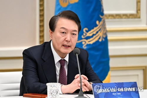 President Yoon Suk Yeol speaks at a joint policy briefing from the foreign ministry and the defense ministry at Cheong Wa Dae in Seoul on Jan. 11, 2023, in this photo provided by the presidential office. (PHOTO NOT FOR SALE) (Yonhap)