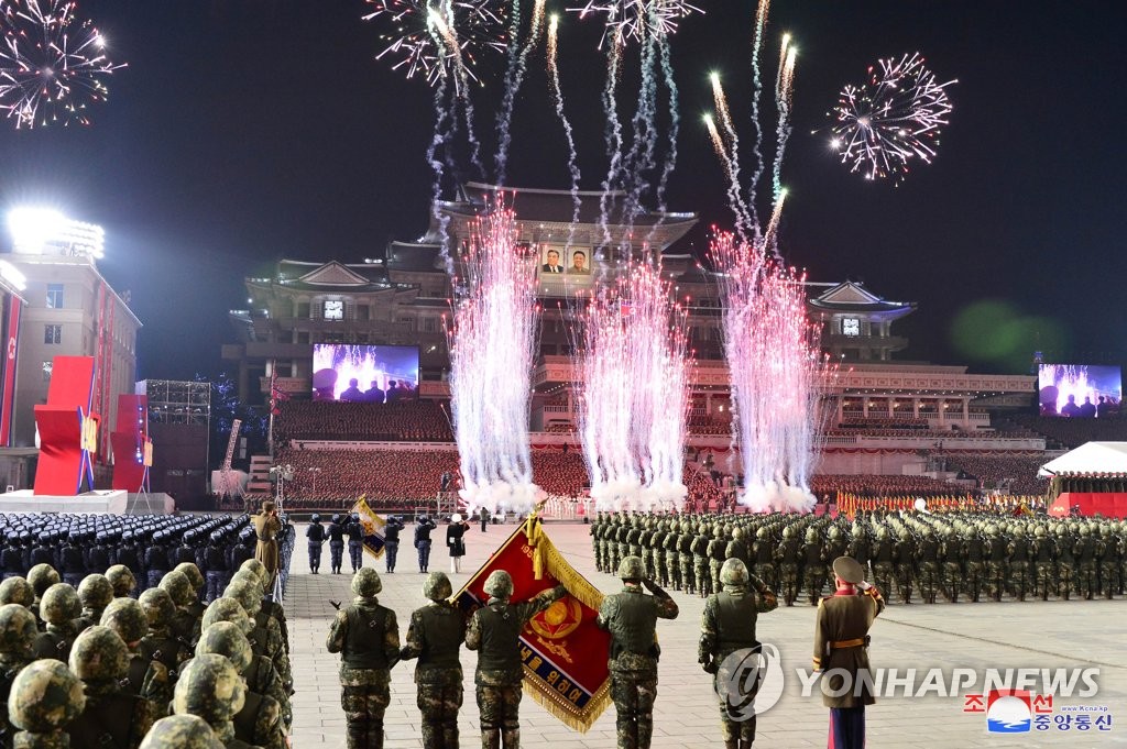 This photo, carried by North Korea's official Korean Central News Agency on Feb. 9, 2023, shows the North staging a military parade at Kim Il Sung Square the previous day to mark the 75th founding anniversary of its armed forces. (For Use Only in the Republic of Korea. No Redistribution) (Yonhap)