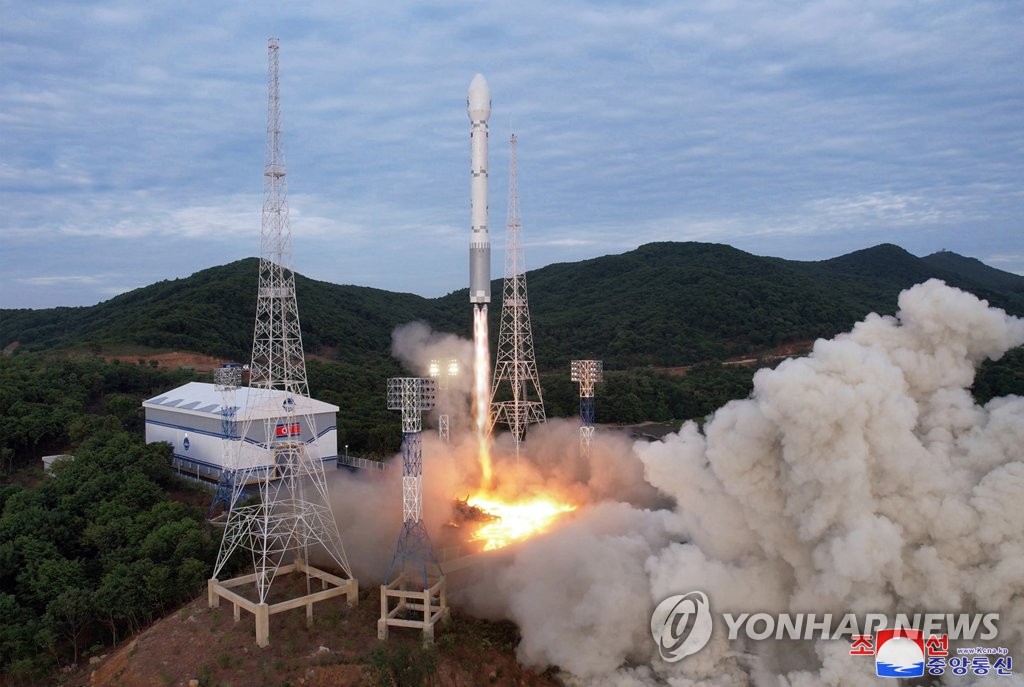 This photo provided by North Korea's Korean Central News Agency on June 1, 2023, shows the launch of the North's new Chollima-1 rocket carrying a military reconnaissance satellite, Malligyong-1, from Tongchang-ri on the North's west coast the previous day. (For Use Only in the Republic of Korea. No Redistribution) (Yonhap)