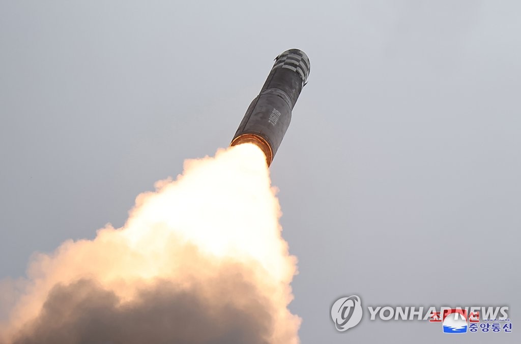 North Korea fires a Hwasong-18 solid-fuel intercontinental ballistic missile (ICBM) on July 12, 2023, in this photo released by the North's official Korean Central News Agency. North Korean leader Kim Jong-un guided the launch. The missile flew 1,001 kilometers for 4,491 seconds at a maximum altitude of 6,648 km before splashing into the East Sea, the North said. (For Use Only in the Republic of Korea. No Redistribution) (Yonhap)