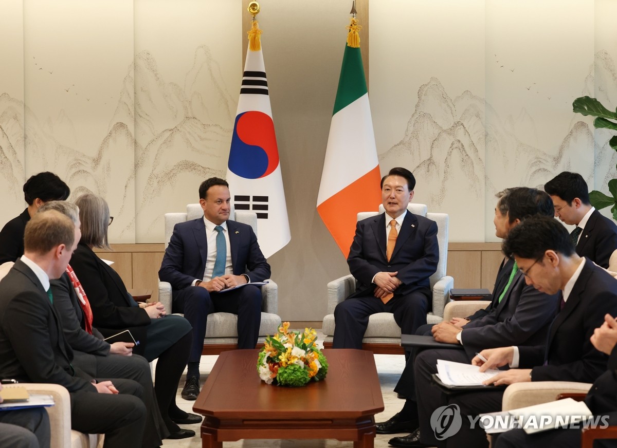 South Korean President Yoon Suk Yeol (R, rear) holds talks with Irish Prime Minister Leo Varadkar (L, rear) at the presidential office in Seoul on Nov. 3, 2023. (Pool photo) (Yonhap)