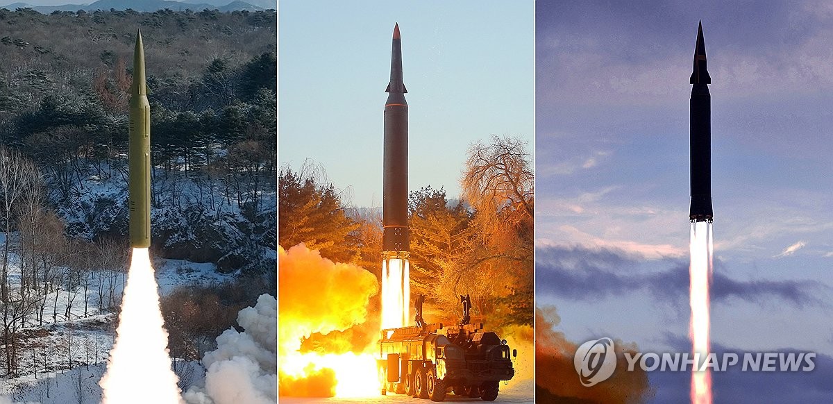 Una serie de fotografías difundidas por la Agencia Central de Noticias de Corea (KCNA), oficial de Corea del Norte, muestran a Corea del Norte disparando lo que afirmaba ser misiles hipersónicos.  Una fotografía (L) publicada por la KCNA el 15 de enero de 2024 muestra el lanzamiento de prueba por parte de Corea del Norte de un misil balístico de alcance intermedio y combustible sólido que llevaba una ojiva hipersónica el día anterior.  Las otras dos fotografías muestran el lanzamiento por parte del país de misiles hipersónicos de propulsión líquida en enero de 2022 (C) y septiembre de 2021, respectivamente.  (Para uso únicamente en la República de Corea. Sin redistribución) (Yonhap)