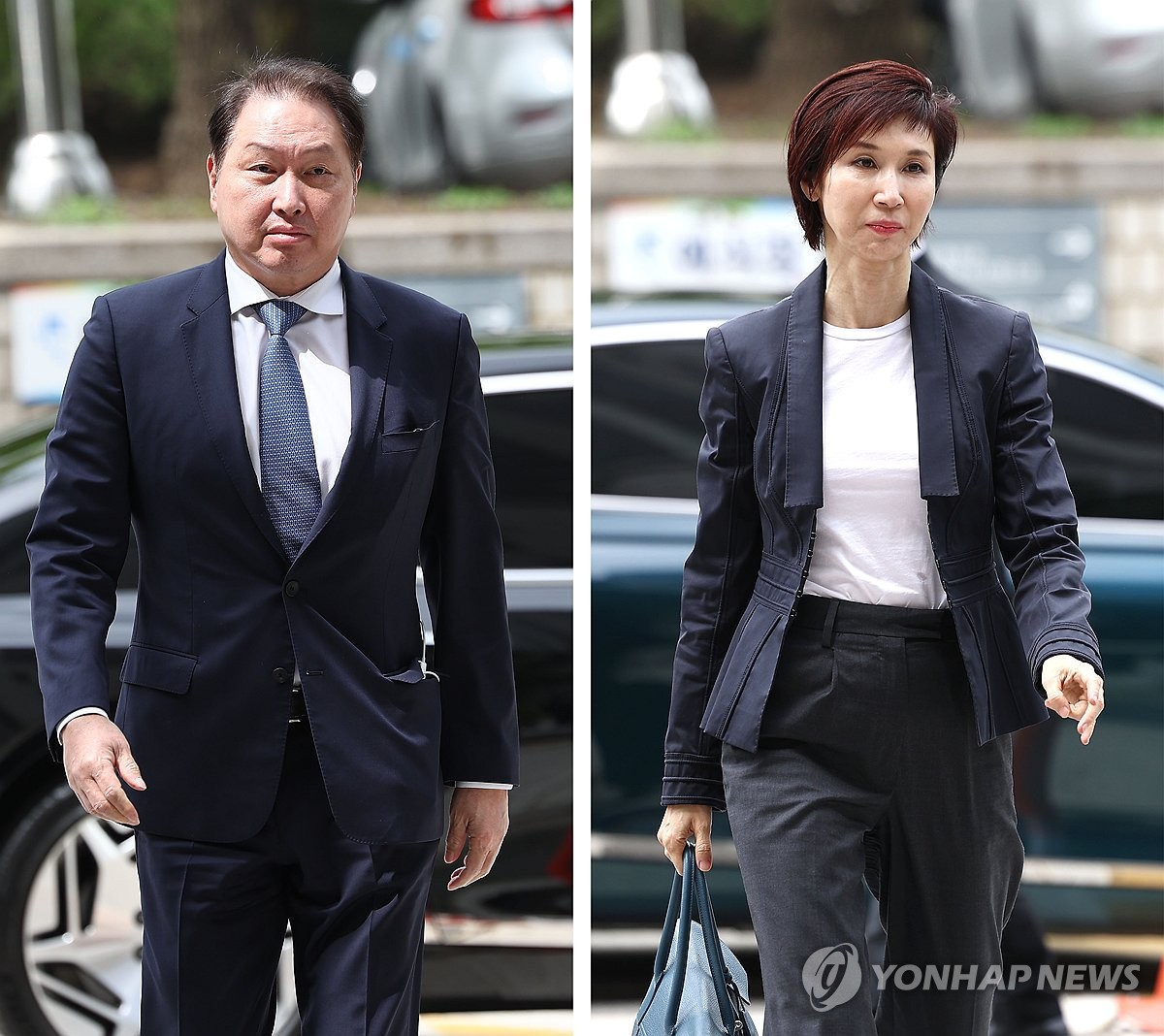 Esta fotografía compuesta muestra al presidente del Grupo SK, Chey Tae-won (izq.), y su esposa, Roh Soh-yeong, llegando al Tribunal Superior de Seúl, en la capital, el 16 de abril de 2024, para asistir a una audiencia sobre su proceso de divorcio. (Yonhap)